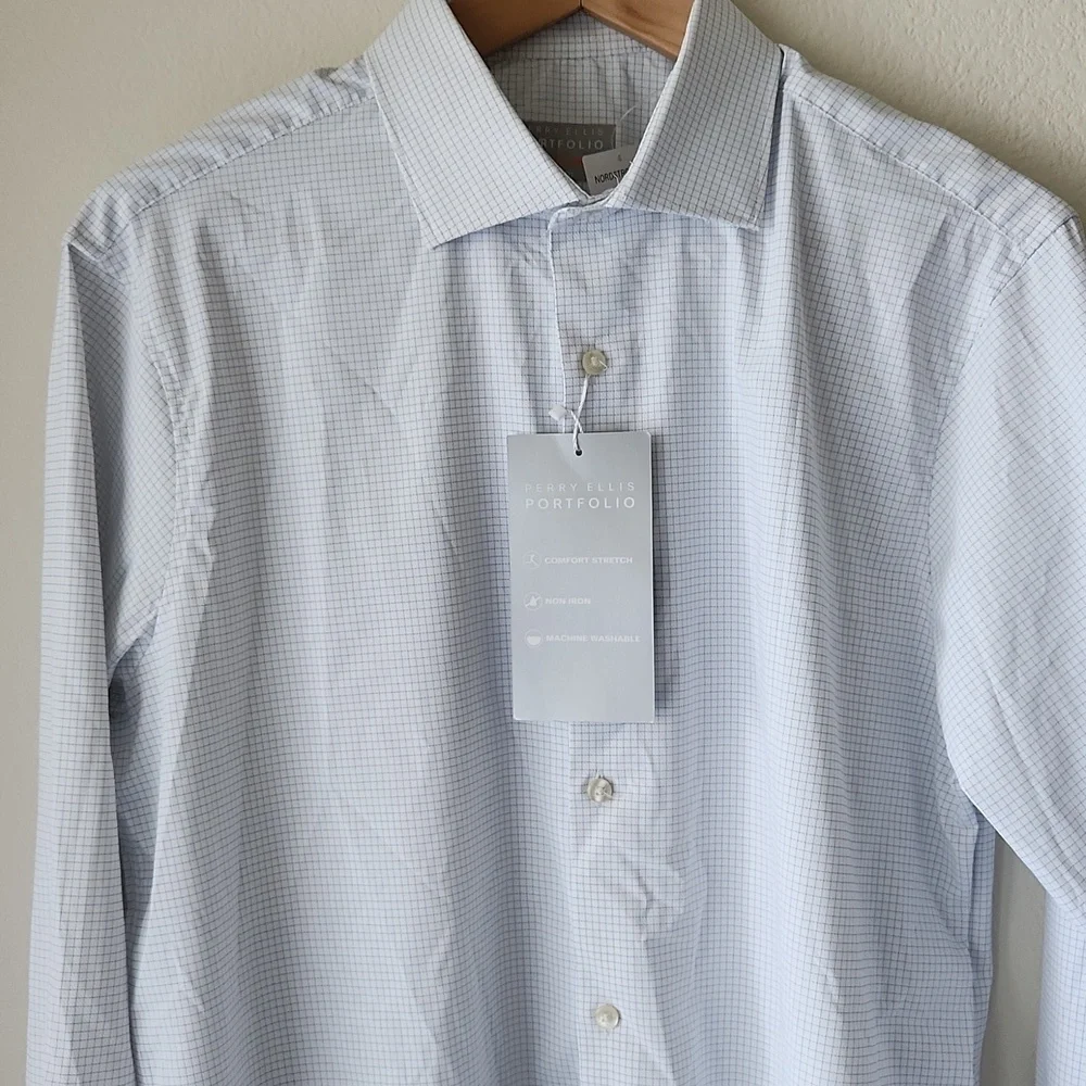 PERRY ELLIS Portfolio Tech Dress Shirt Slim Sz 16 34/35 Light Blue Checkered NWT - Picture 3 of 9